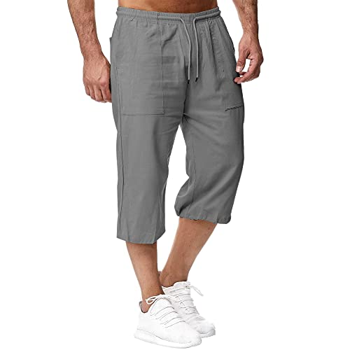 Herren Leinen-Shorts 3/4 Länge Hosen Sommerhose Strand Yoga Jogger Casual Sweatpants Grau L von Sprifloral