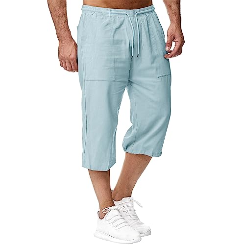 Herren Leinen-Shorts 3/4 Länge Hosen Sommerhose Strand Yoga Jogger Casual Sweatpants Hellblau 3XL von Sprifloral