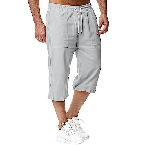 Herren Leinen-Shorts 3/4 Länge Hosen Sommerhose Strand Yoga Jogger Casual Sweatpants Hellgrau 3XL von Sprifloral