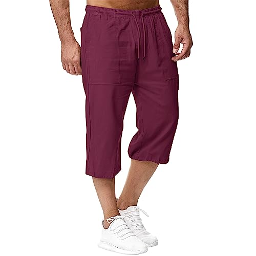 Herren Leinen-Shorts 3/4 Länge Hosen Sommerhose Strand Yoga Jogger Casual Sweatpants Rot 4XL von Sprifloral