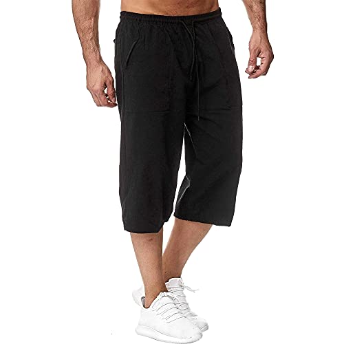 Herren Leinen-Shorts 3/4 Länge Hosen Sommerhose Strand Yoga Jogger Casual Sweatpants Schwarz 3XL von Sprifloral