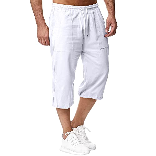 Herren Leinen-Shorts 3/4 Länge Hosen Sommerhose Strand Yoga Jogger Casual Sweatpants Weiß 3XL von Sprifloral