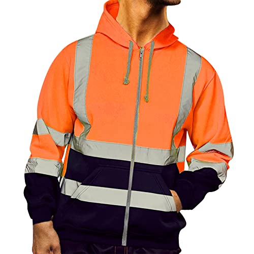 Herren-Sweatshirt mit Reißverschluss, Fleece, Arbeit, Hoodie, hohe Sichtbarkeit, Jacke, Sicherheit, Arbeit, reflektierend, Größe M-3XL, Orange, XXL von Sprifloral
