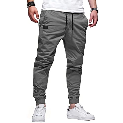 Sprifloral Herren-Cargohose, legere Kampfhose, Baumwolle, Arbeitshose, Jogginghose, elastischer Bund, Kordelzug, schmale Passform, grau, 34-37 von Sprifloral