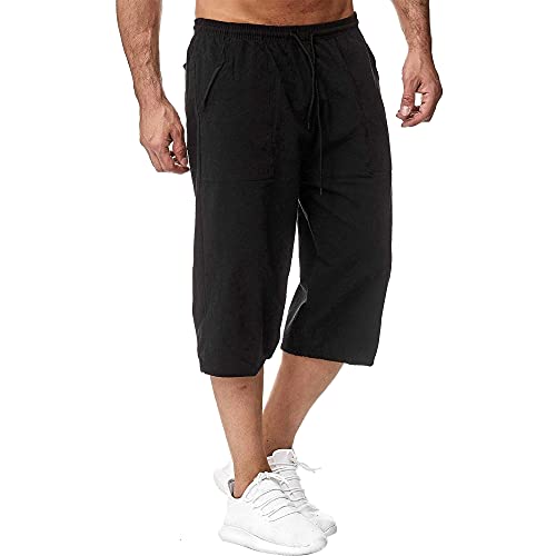 Herren Leinen-Shorts 3/4 Länge Hosen Sommerhose Strand Yoga Jogger Casual Sweatpants Schwarz XL von Sprifloral