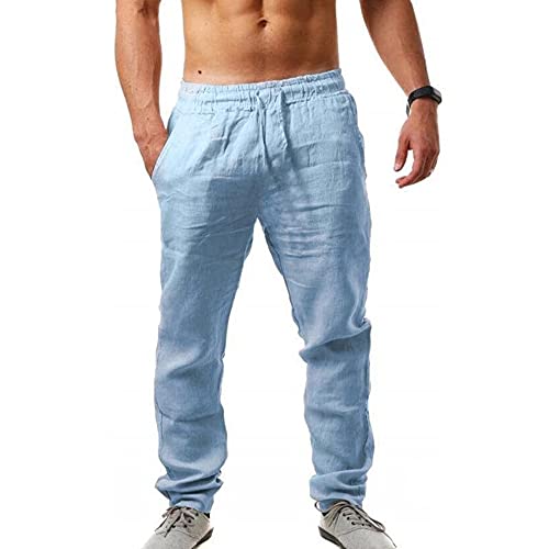 Sprifloral Herren Leinenhose Freizeithose Kordelzug Leichte Sommer Strand Hose Blau M von Sprifloral