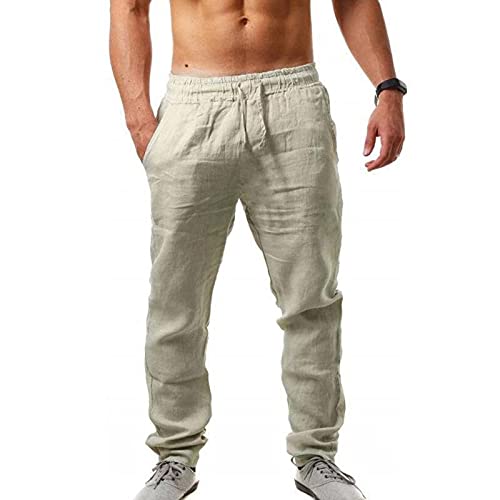 Sprifloral Herren Leinenhose Freizeithose Kordelzug Leichte Sommer Strand Hose Khaki 3XL von Sprifloral