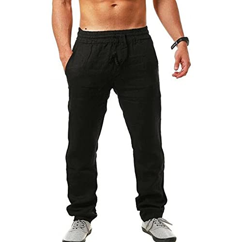 Sprifloral Herren Leinenhose Freizeithose Kordelzug Leichte Sommer Strand Hose Schwarz 3XL von Sprifloral