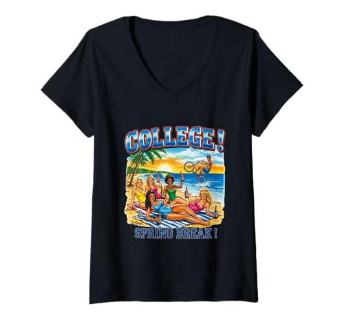 Damen College Spring Break T-Shirt im Retro-Stil für Strandpartys T-Shirt mit V-Ausschnitt von Spring Break Beach Party Retro Vacation Apparel Co