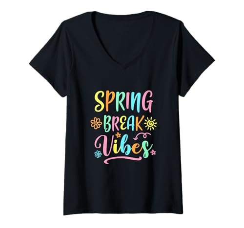 Damen Spring Break Vibes Lustiges Frühlingspause Lehrer Blumenmuster T-Shirt mit V-Ausschnitt Damen Spring Break Vibes Lustiges Frühlingspause Lehrer Blumenmuster T-Shirt mit V-Ausschnitt von Spring Break Teacher Vibes