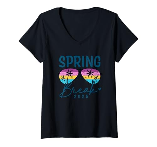 Damen Spring Break 2025 Sonnenbrille Palmen T-Shirt mit V-Ausschnitt Damen Spring Break 2025 Sonnenbrille Palmen T-Shirt mit V-Ausschnitt von Spring Break Tropical Vibes Adventure Fun