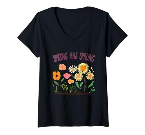 Damen Spring Has Spring Süße Blumengrafik im Retro-Stil T-Shirt mit V-Ausschnitt von Spring Flowers Retro Botanical Art