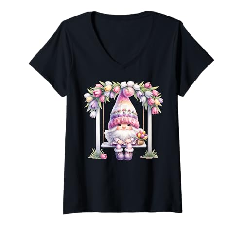 Damen Floral Spring Gnome On Outdoor Swing Colorful Tulip Flowers T-Shirt mit V-Ausschnitt von Spring Gnome Tulip Themed Gifts For Women Men Kids