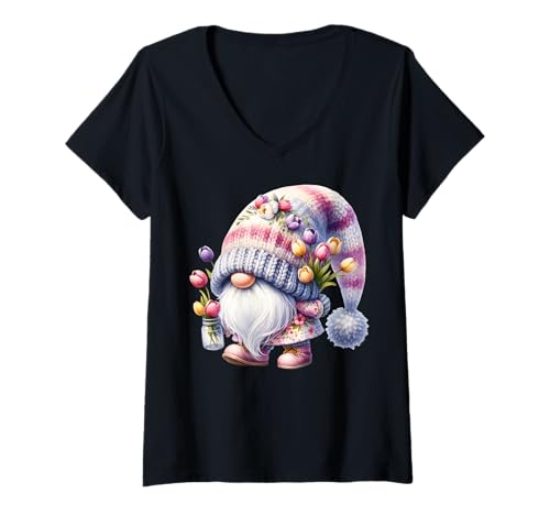 Damen Grumpy Spring Gnome With Floral Tulip Flowers For Gardener T-Shirt mit V-Ausschnitt von Spring Gnome Tulip Themed Gifts For Women Men Kids