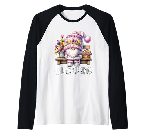 Hello Spring Gnome Graphic For Women Cute Tulip Flowers Raglan von Spring Gnome Tulip Themed Gifts For Women Men Kids