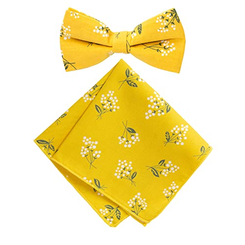 Spring Notion Herren Fliege und Einstecktuch aus Baumwolle mit Blumenmuster, 40 Senf, Einheitsgröße von Spring Notion