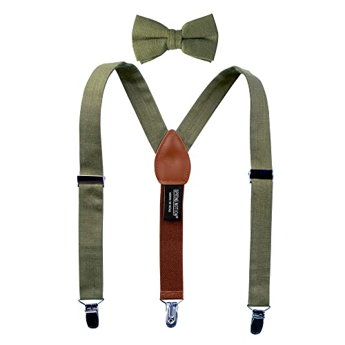 Spring Notion Hosenträger und Fliege für Jungen, Leinen-Mischgewebe, für Kinder, Kleinkinder, Säuglinge, Ringträger, rustikal, Oliv/Blatt für mich (Leaf It to Me), Small von Spring Notion