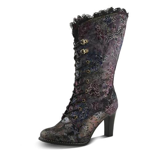 L'Artiste FORUTALUV Damen Schnürstiefel aus besticktem Veloursleder - Barock-Samt-Halbschaft mit gestapeltem Absatz, Violett multi, 7.5-8 von Spring Step L'Artiste