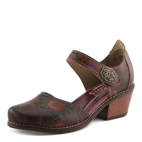 Spring Step L'Artiste Cabracho Mary Jane Heels | Leder-Pumps mit Blumenprägung und verstellbarem Riemen, Bordeaux Multi, 9.5-10 von Spring Step L'Artiste