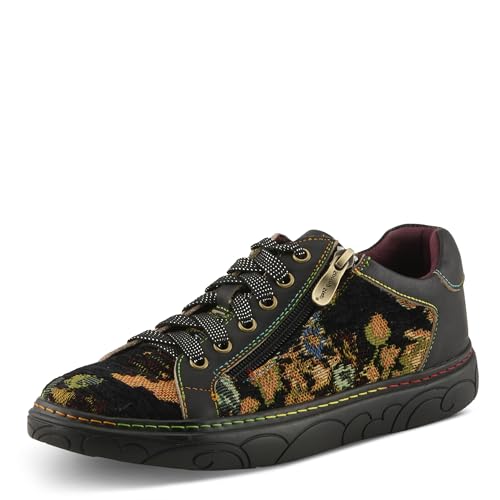 Spring Step L'Artiste Danli-Fab Fashion Sneakers | Leder & Tapisserie Print Schnürschuh mit seitlichem Reißverschluss, Schwarz Multi, 6.5-7 von Spring Step L'Artiste