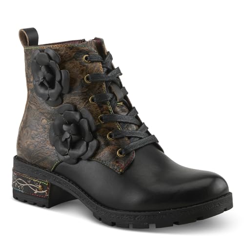 Spring Step L'Artiste Martinela Stiefeletten mit Absatz | Leder-Stiefeletten mit floraler Applikation und künstlerischem Touch, Schwarz Multi, 6.5-7 von Spring Step L'Artiste