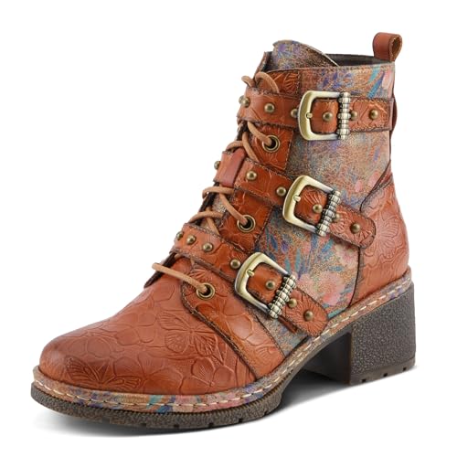 Spring Step L'Artiste Moonlit Damen Glamorous Bootie - Kontrastierende Texturen, Blumenprägung, Bequeme Stollensohle, Camel Multi, 6.5-7 von Spring Step L'Artiste