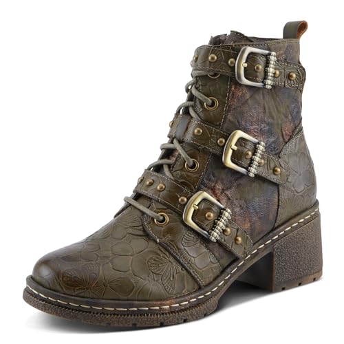 Spring Step L'Artiste Moonlit Damen Glamorous Bootie - Kontrastierende Texturen, Blumenprägung, Bequeme Stollensohle, Olive Multi, 6.5-7 von Spring Step L'Artiste