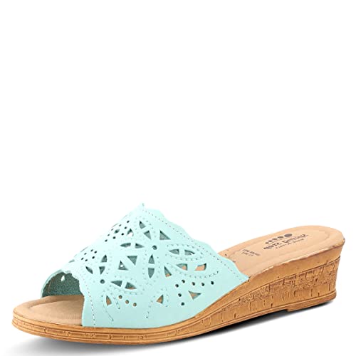 Spring Step Estella Damen Fashion Wedge Slide Sandalen - Lässiger Lederabsatz mit geometrischen Laserschnitt-Details, Mint Green Nubuk, 9.5-10 von Spring Step