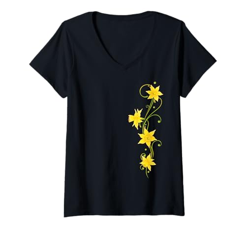 Damen Gelbe Narzissen Blumen Vertikales Florales Frühlings Outfit T-Shirt mit V-Ausschnitt Damen Gelbe Narzissen Blumen Vertikales Florales Frühlings Outfit T-Shirt mit V-Ausschnitt von Spring and Easter Designs by Christine Krahl