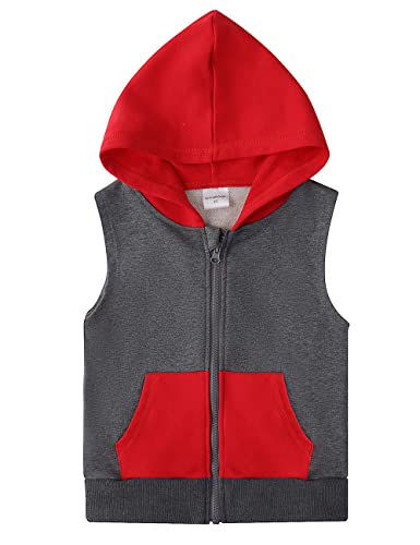 Spring&Gege Jungen Ärmellos Einfarbig Baumwoll Hoodie Kapuzenweste mit durchgehendem Reißverschluss Basic Kontrastierender Tanktops Sweatshirt mit Taschen für Kinder, Oxford und Rot, 11-12 Jahre von Spring&Gege