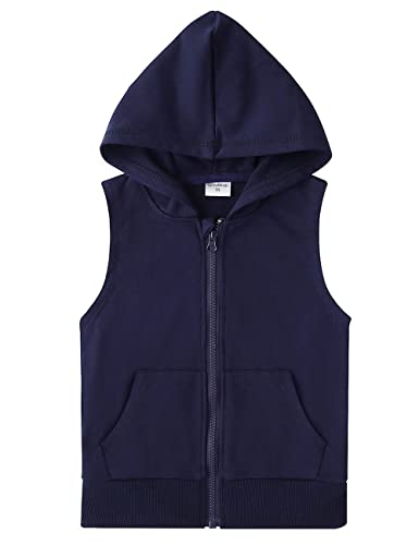 Spring&Gege Jungen Ärmellos Einfarbig Baumwoll Hoodie Kapuzenweste mit durchgehendem Reißverschluss Basic Tanktops Sweatshirt mit Taschen für Kinder, Marineblau, 3-4 Jahre von Spring&Gege