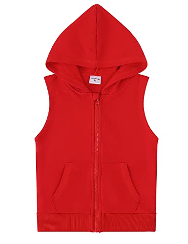 Spring&Gege Jungen Ärmellos Einfarbig Baumwoll Hoodie Kapuzenweste mit durchgehendem Reißverschluss Basic Tanktops Sweatshirt mit Taschen für Kinder, Rot, 7-8 Jahre von Spring&Gege