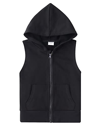 Spring&Gege Jungen Ärmellos Einfarbig Baumwoll Hoodie Kapuzenweste mit durchgehendem Reißverschluss Basic Tanktops Sweatshirt mit Taschen für Kinder, Schwarz, 11-12 Jahre von Spring&Gege