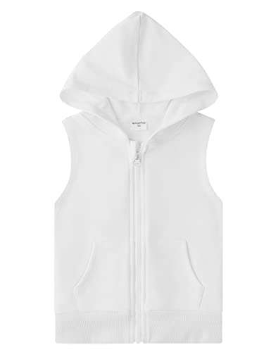 Spring&Gege Jungen Ärmellos Einfarbig Baumwoll Hoodie Kapuzenweste mit durchgehendem Reißverschluss Basic Tanktops Sweatshirt mit Taschen für Kinder, Weiß, 11-12 Jahre von Spring&Gege