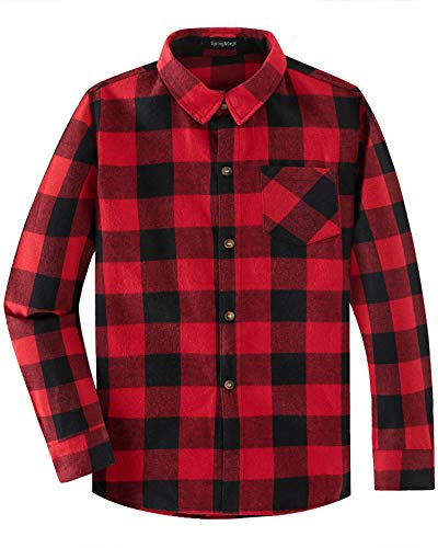 Spring&Gege Jungen Casual Langarm Kariertes Flanell Button-Down-Shirt für Kinder, Rot schwarz, 128 134 von Spring&Gege