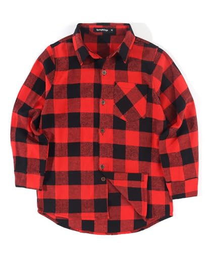 Spring&Gege Jungen Casual Langarm Kariertes Flanell Button-Down-Shirt für Kinder, Rot schwarz, 128 134 von Spring&Gege