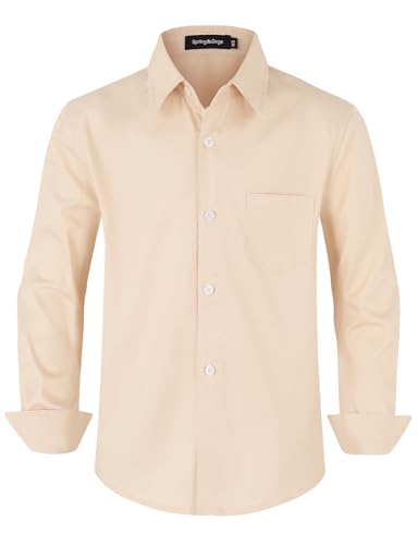 Spring&Gege Jungen Einfarbig Hemden Freizeit Baumwoll Klassisch Schuluniform für Kinder,Beige,11-12 Jahre von Spring&Gege