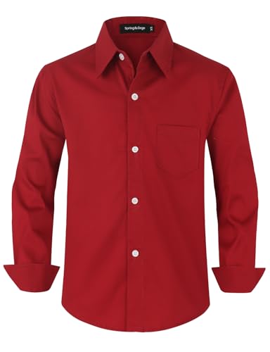 Spring&Gege Jungen Einfarbig Hemden Freizeit Baumwoll Klassisch Schuluniform für Kinder,Burgundy,13-14 Jahre von Spring&Gege