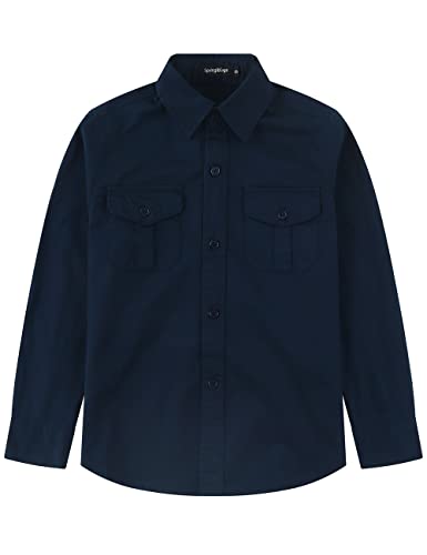 Spring&Gege Jungen Einfarbig langärmelige Western Hemden bügelleicht Knopf Unten Hemd für Kinder Zwei Taschen, Marineblau, 5-6 Jahre von Spring&Gege