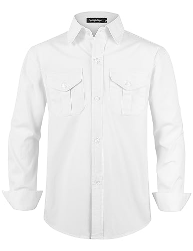 Spring&Gege Jungen Einfarbig langärmelige Western Hemden bügelleicht Knopf Unten Hemd für Kinder Zwei Taschen, Weiß, 9-10 Jahre von Spring&Gege
