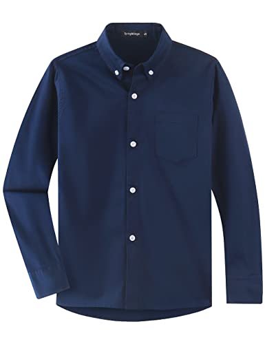 Spring&Gege Jungen Einfarbiges Hemd mit Knopfkragen Lässige Schuluniform aus Baumwolle für Kinder, Marineblau, 13-14 Jahre von Spring&Gege