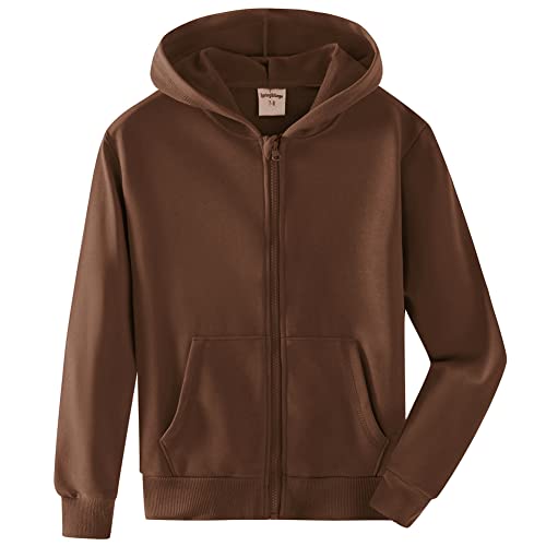 Spring&Gege Jungen Hoodie Sweatjacke Basic Einfarbig Baumwoll Kapuzenjacke für Kinder, Braun, 7-8 Jahre von Spring&Gege