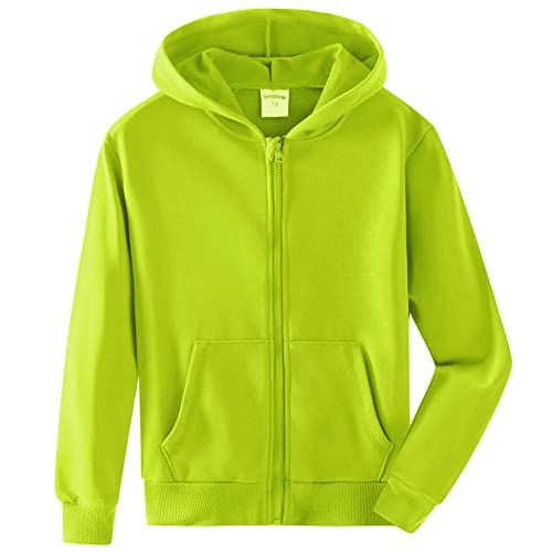 Spring&Gege Jungen Hoodie Sweatjacke Basic Einfarbig Baumwoll Kapuzenjacke für Kinder, Sicherheitsgrün, 7-8 Jahre von Spring&Gege