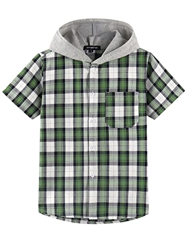 Spring&Gege Jungen-Kapuzenhemd, kurzärmelig, kariert, Button-Down-Shirts (5–14 Jahre), Grün , 7-8 Jahre von Spring&Gege