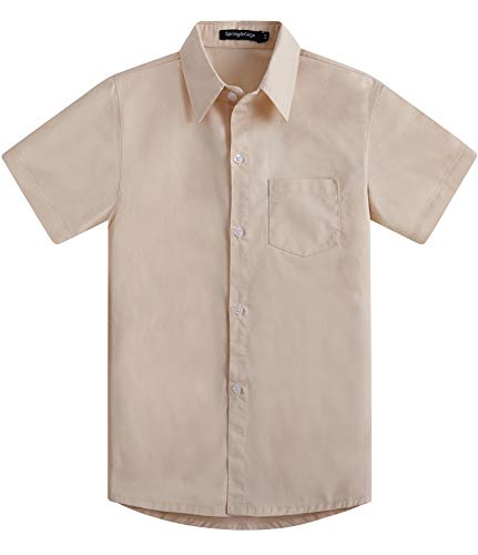 Spring&Gege Jungen Kurzarm Einfarbig Formale Baumwoll Hemden Klassisch Schuluniform Shirts für Kinder, Beige, 5-6 Jahre von Spring&Gege