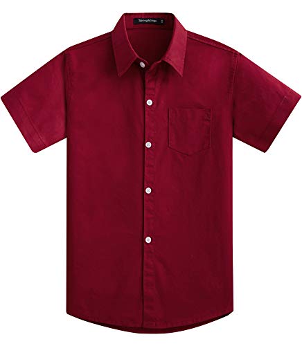Spring&Gege Jungen Kurzarm Einfarbig Formale Baumwoll Hemden Klassisch Schuluniform Shirts für Kinder, Weinrot, 9-10 Jahre von Spring&Gege
