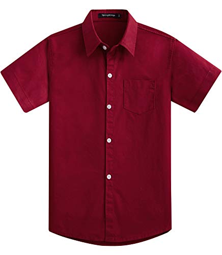 Spring&Gege Jungen Kurzarm Einfarbig Formale Baumwoll Hemden Klassisch Schuluniform Shirts für Kinder, Weinrot, 11-12 Jahre von Spring&Gege