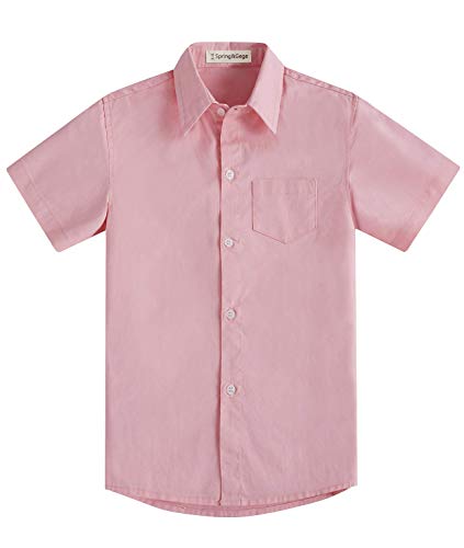 Spring&Gege Jungen Kurzarm Einfarbig Formale Baumwoll Hemden Klassisch Schuluniform Shirts für Kinder, Rosa, 9-10 Jahre von Spring&Gege