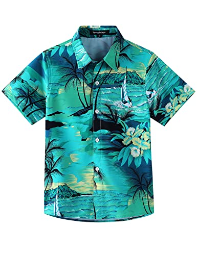 Spring&Gege Jungen Kurzarm Hawaiihemd Cartoon Print Aloha Button Down Shirts (3-14 Jahre), Black Leaf/Blue, 13-14 Jahre von Spring&Gege