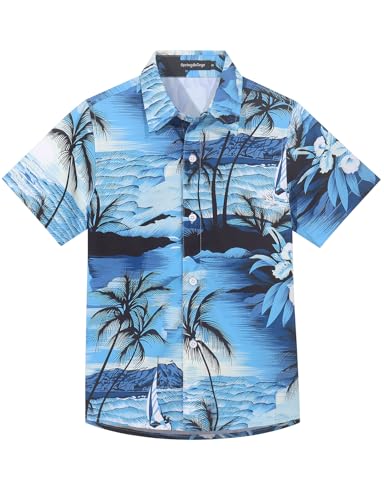 Spring&Gege Jungen Kurzarm Hawaiihemd Cartoon Print Aloha Button Down Shirts (3-14 Jahre), Blau/Kokosnusspalme, 9-10 Jahre von Spring&Gege